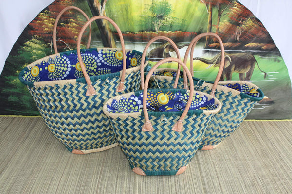 ROUND Basket African WAX Pouch - Turquoise &amp; Natural - Tote Bag Long Handles - 3 SIZES - Markets, shopping, beach...