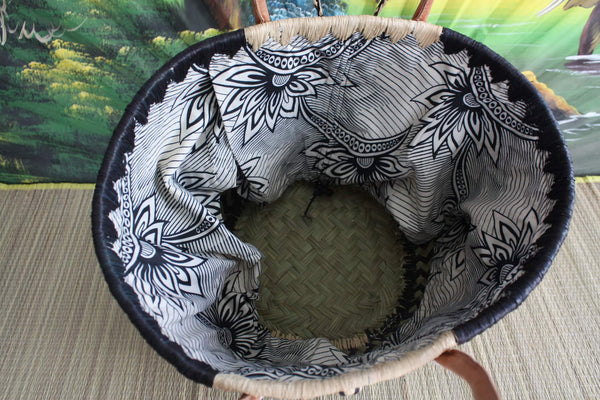 ROUND basket with African WAX fabric - Black &amp; Natural - Tote Bag Long Handles - 3 SIZES - Markets, shopping, beach...