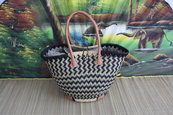 ROUND basket with African WAX fabric - Black &amp; Natural - Tote Bag Long Handles - 3 SIZES - Markets, shopping, beach...