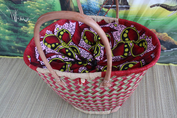ROUND Basket - Beautiful African WAX Fabric - Red &amp; Natural - Tote Bag Long Handles - 3 SIZES - Markets, shopping, beach...