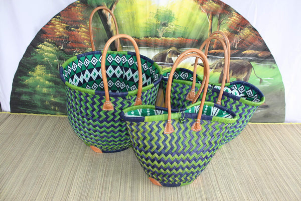 ROUND basket African WAX fabric pouch - Blue &amp; Green Tote - Long Handle Bag - 3 SIZES - Markets, shopping, beach...