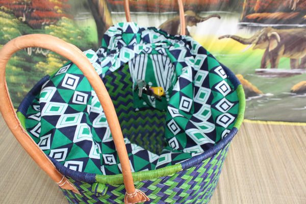 ROUND basket African WAX fabric pouch - Blue &amp; Green Tote - Long Handle Bag - 3 SIZES - Markets, shopping, beach...