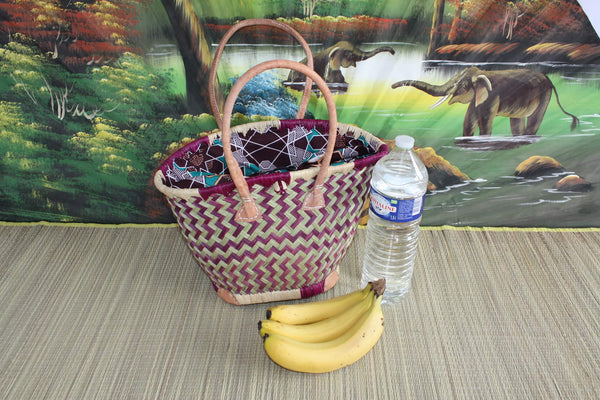 ROUND basket African WAX fabric - Cabas Long Handles - Purple &amp; Natural Bag - 3 SIZES - Markets, shopping, beach...