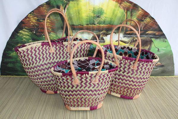 ROUND basket African WAX fabric - Cabas Long Handles - Purple &amp; Natural Bag - 3 SIZES - Markets, shopping, beach...