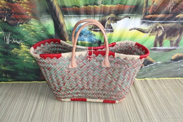 Shopping basket - Red &amp; Green Tote Bag - 3 SIZES - hand-woven - markets, beach...