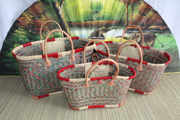Shopping basket - Red &amp; Green Tote Bag - 3 SIZES - hand-woven - markets, beach...