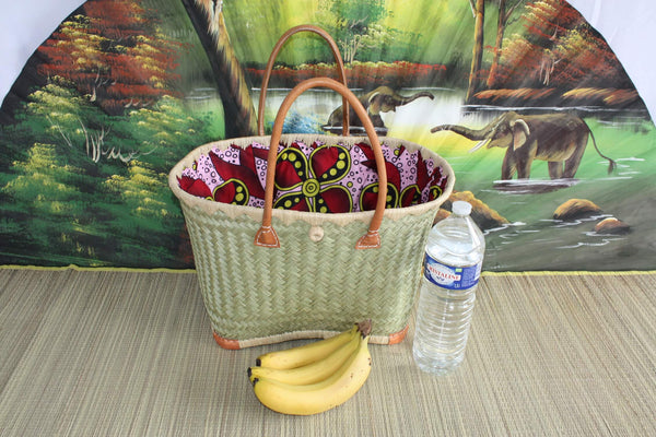 Basket with Red &amp; Pink African WAX fabric - Tote Bag Long Handles - 3 SIZES - Markets, shopping, beach... rattan wicker