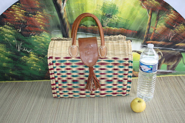 Two-tone suitcase basket with magnetic closure - ROSE + LEATHER - Hand-braided handbag - HULÉTI UNIQUE CREATION