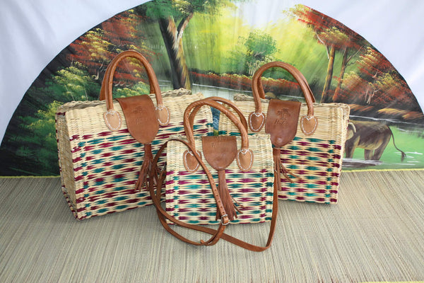 Two-tone suitcase basket with magnetic closure - ROSE + LEATHER - Hand-braided handbag - HULÉTI UNIQUE CREATION