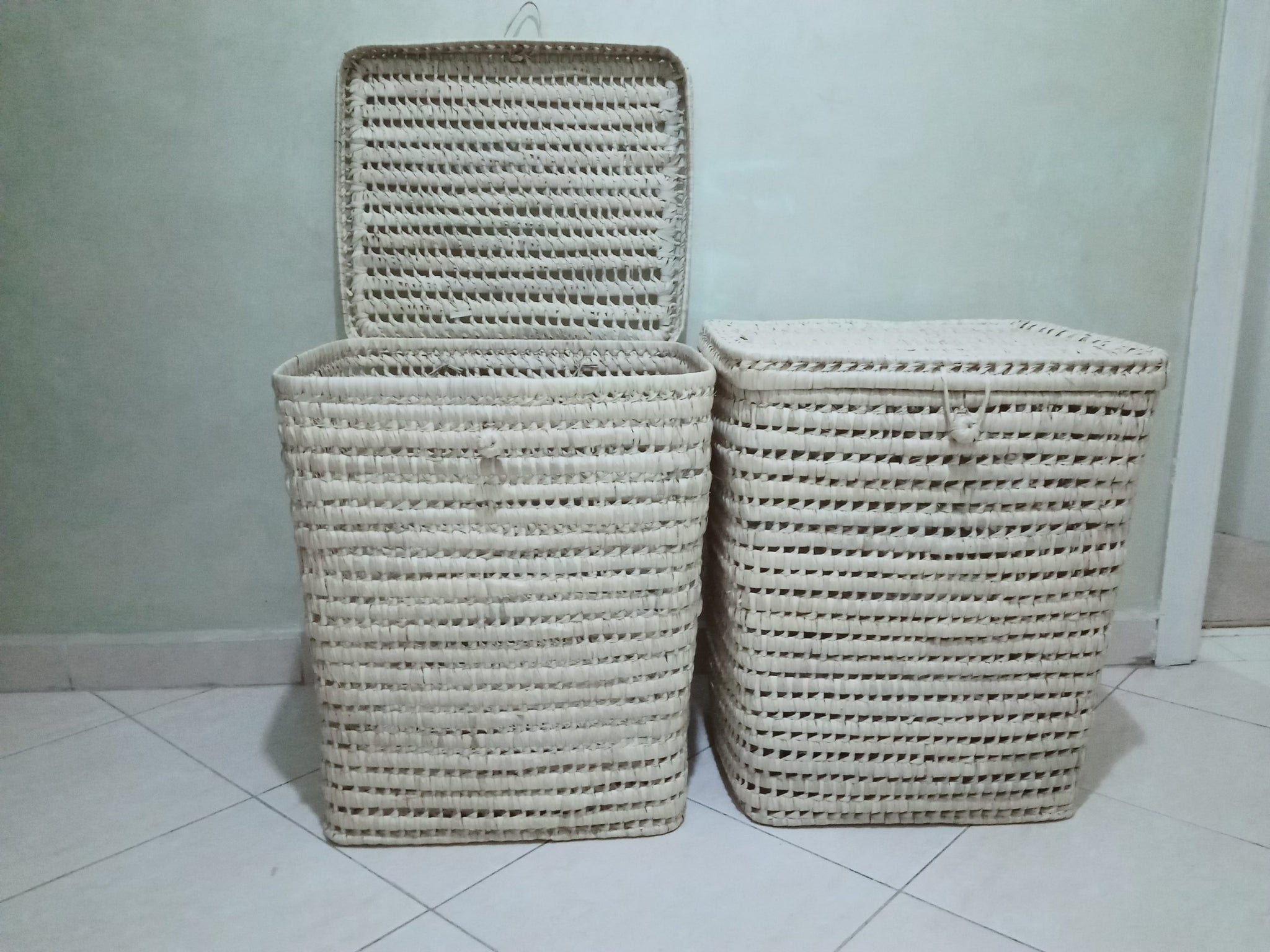 Quadratischer Palmen-Wäschekorb - Mülleimer - 100% HANDWERK - Handgewebt -