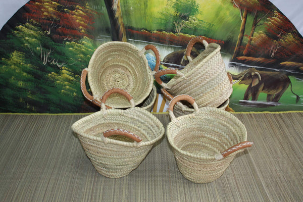 Pretty little basket for children - LEATHER &amp; HAND braided handles - rattan straw bag for girls and boys