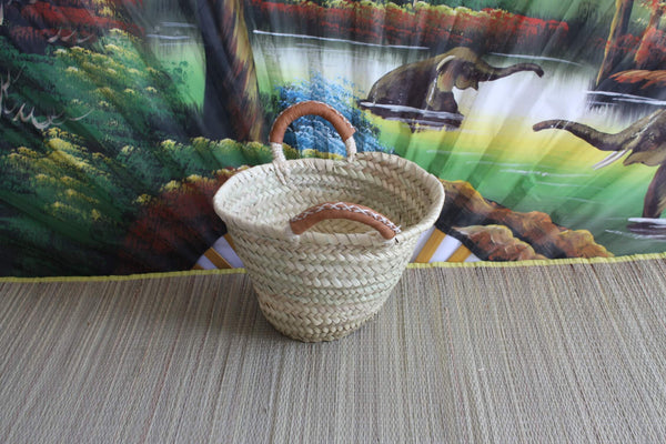 Pretty little basket for children - LEATHER &amp; HAND braided handles - rattan straw bag for girls and boys