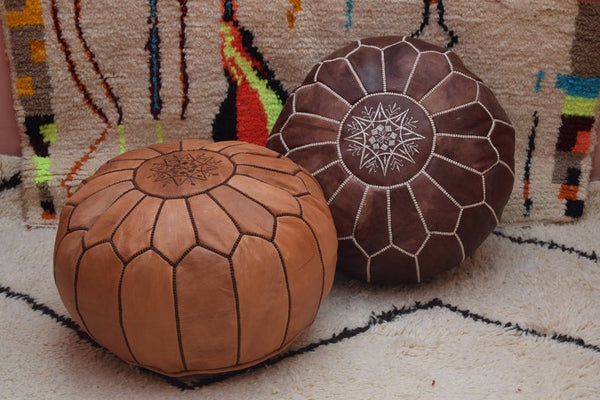 Round POUF in Moroccan leather - Decorative Vintage Handcrafted Ottoman Seat Cushion - Bohemia &amp; Chic - 5 colors -
