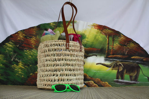 Beach bag / Straw summer basket - LONG LEATHER HANDLES - Round &amp; Original - Braided in Dwarf Palm -