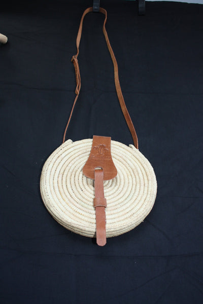 SUPERB Crochet Raffia Round Bag with Shoulder Strap - Leather or suede - straw wicker - HANDMADE