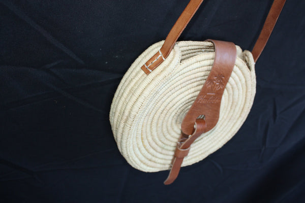 SUPERB Häkelbast Runde Tasche mit Schulterriemen - Leder oder Wildleder - Strohgeflecht - HANDGEFERTIGT