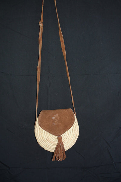SUPERB Crochet Raffia Round Bag with Shoulder Strap - Leather or suede - straw wicker - HANDMADE