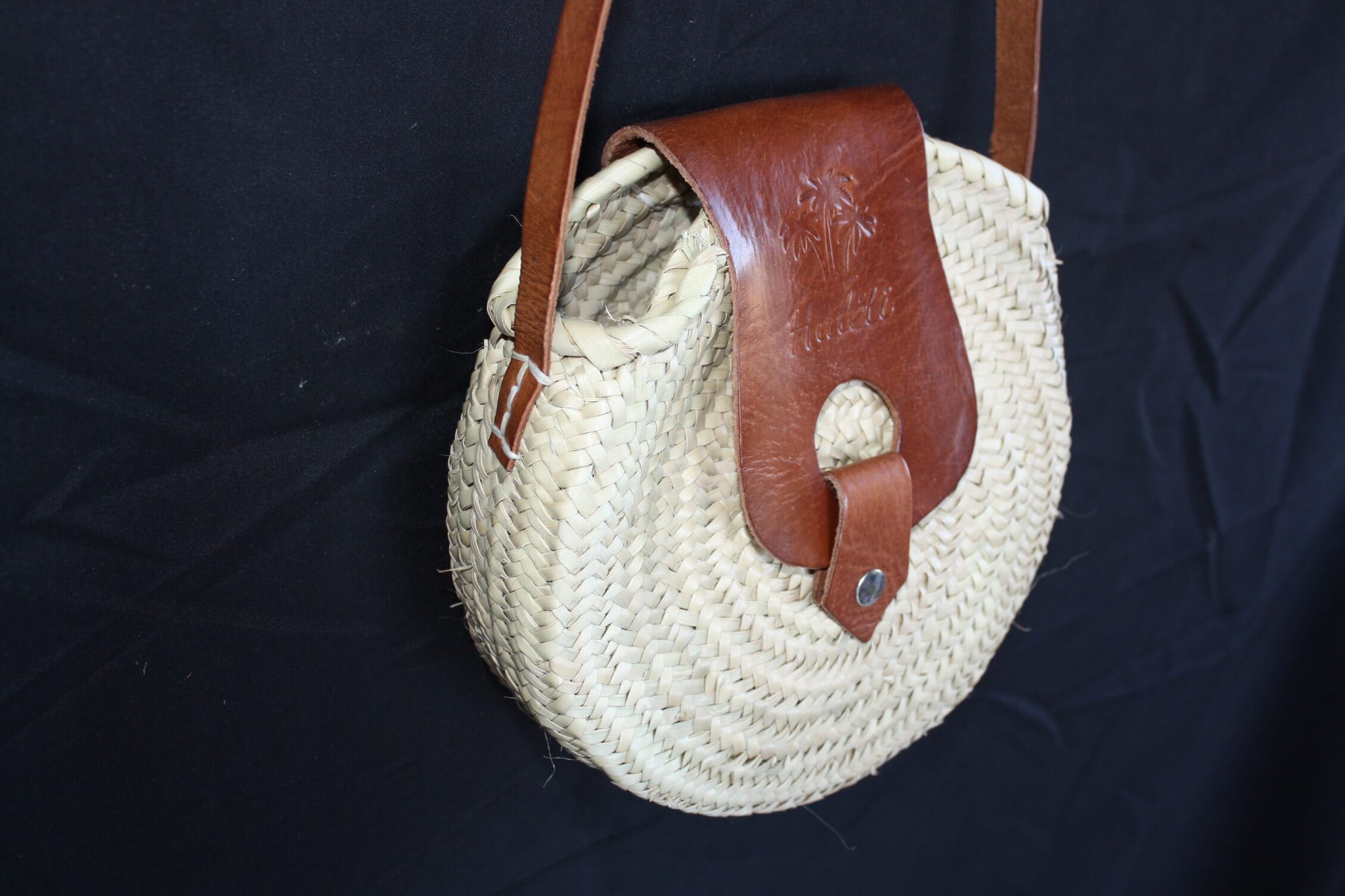 SUPERB Palm Tree Round Bag with Shoulder Strap - Leather or Suede - HANDMADE - Moroccan craftsmanship - summer woman