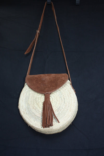 SUPERB Palm Tree Round Bag mit Schultergurt - Leder oder Wildleder - HANDGEFERTIGT - Marokkanische Handwerkskunst - Sommerfrau