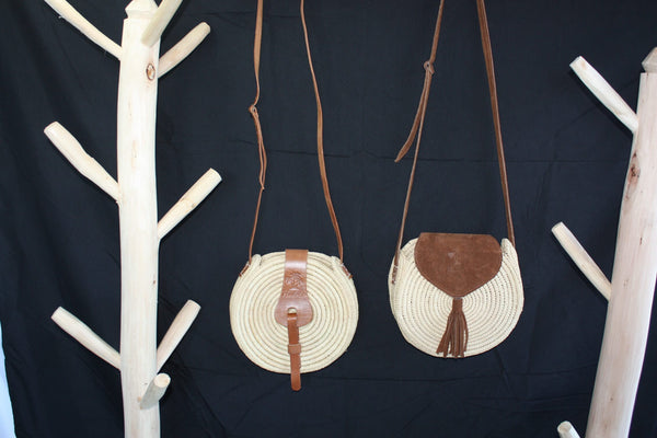 Sac Rond Crochet Raphia avec Bandoulière Cuir daim osier paille a